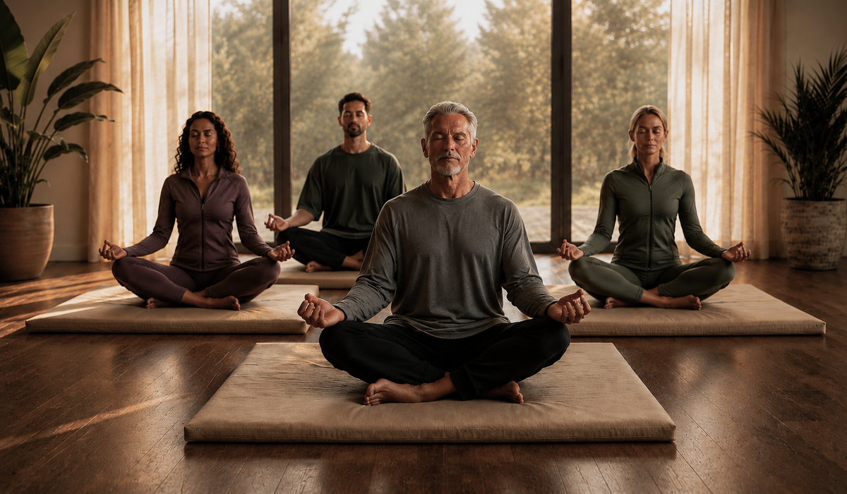 Grupo de pessoas meditando sobre colchonete em ambiente tranquilo, ilustrando conforto, bem-estar e práticas de relaxamento