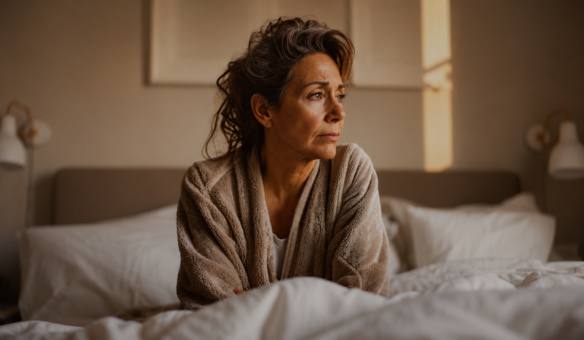 Mulher acordada na cama com expressão preocupada, ilustrando parassonia e alterações do sono durante a noite