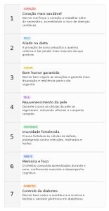 Infográfico com sete benefícios de dormir bem, destacando saúde do coração, controle do peso, humor, pele, imunidade, memória e diabetes.