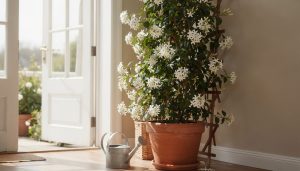 Jasmim em vaso próximo à porta iluminada, representando plantas para quarto que trazem beleza, frescor e decoração natural