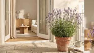 Vaso de lavanda em ambiente iluminado, ilustrando plantas para quarto que trazem aroma, beleza e sensação de tranquilidade