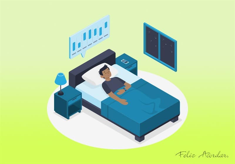Desenho ilustrativo de um homem em seu quarto deitado em sua cama dormindo
