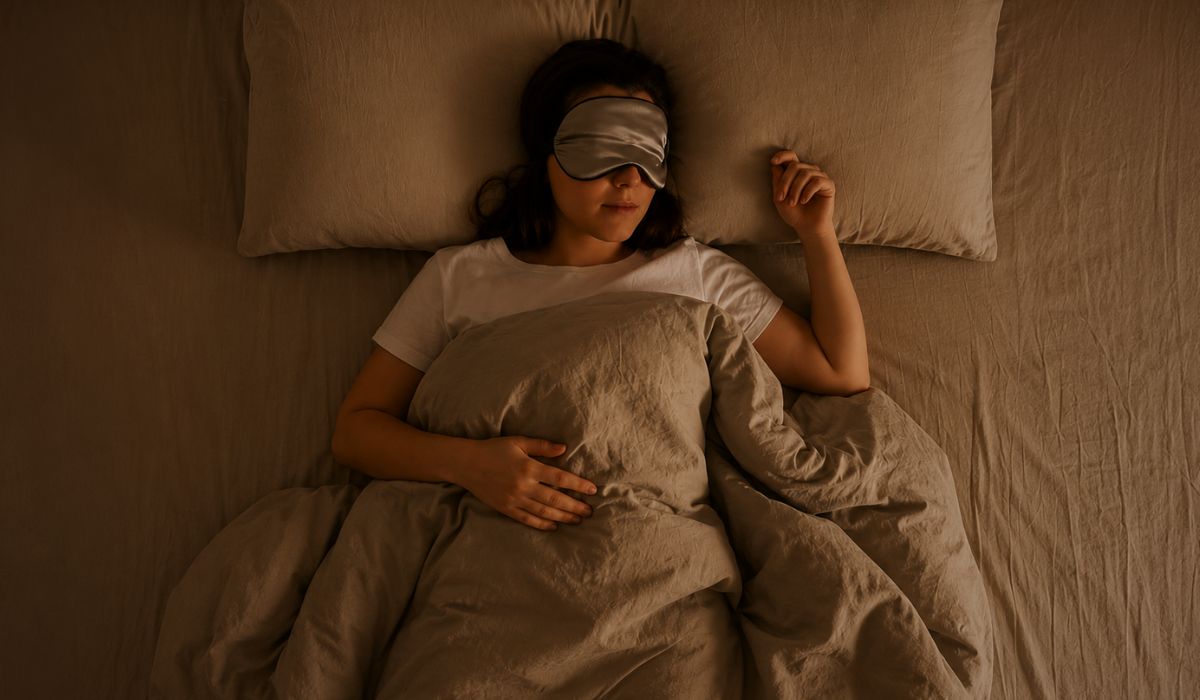 Mulher dormindo com máscara de dormir em cama aconchegante, ilustrando o tema sono profundo e o que é essa fase do descanso