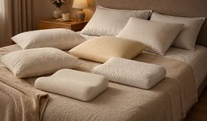 Diferentes tipos de travesseiro sobre uma cama aconchegante, ilustrando como escolher o modelo ideal para dormir melhor