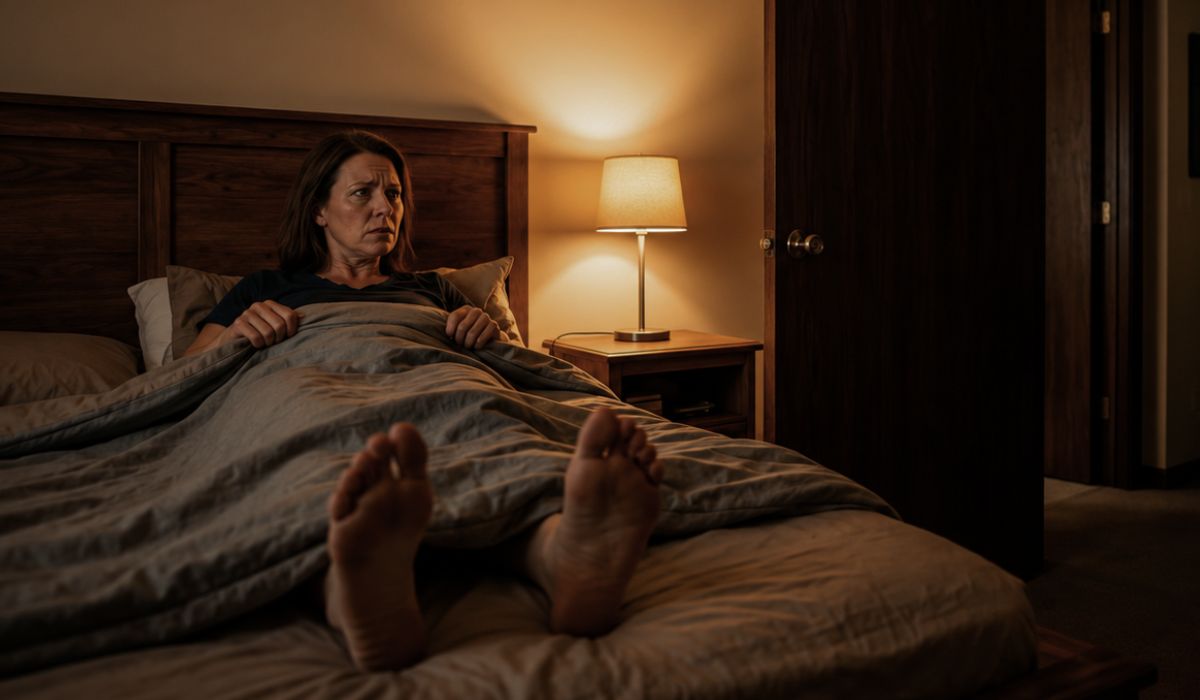 Mulher deitada na cama com os pés voltados para a porta, ilustrando o tema dormir com pe para porta feng shui e organização do quarto