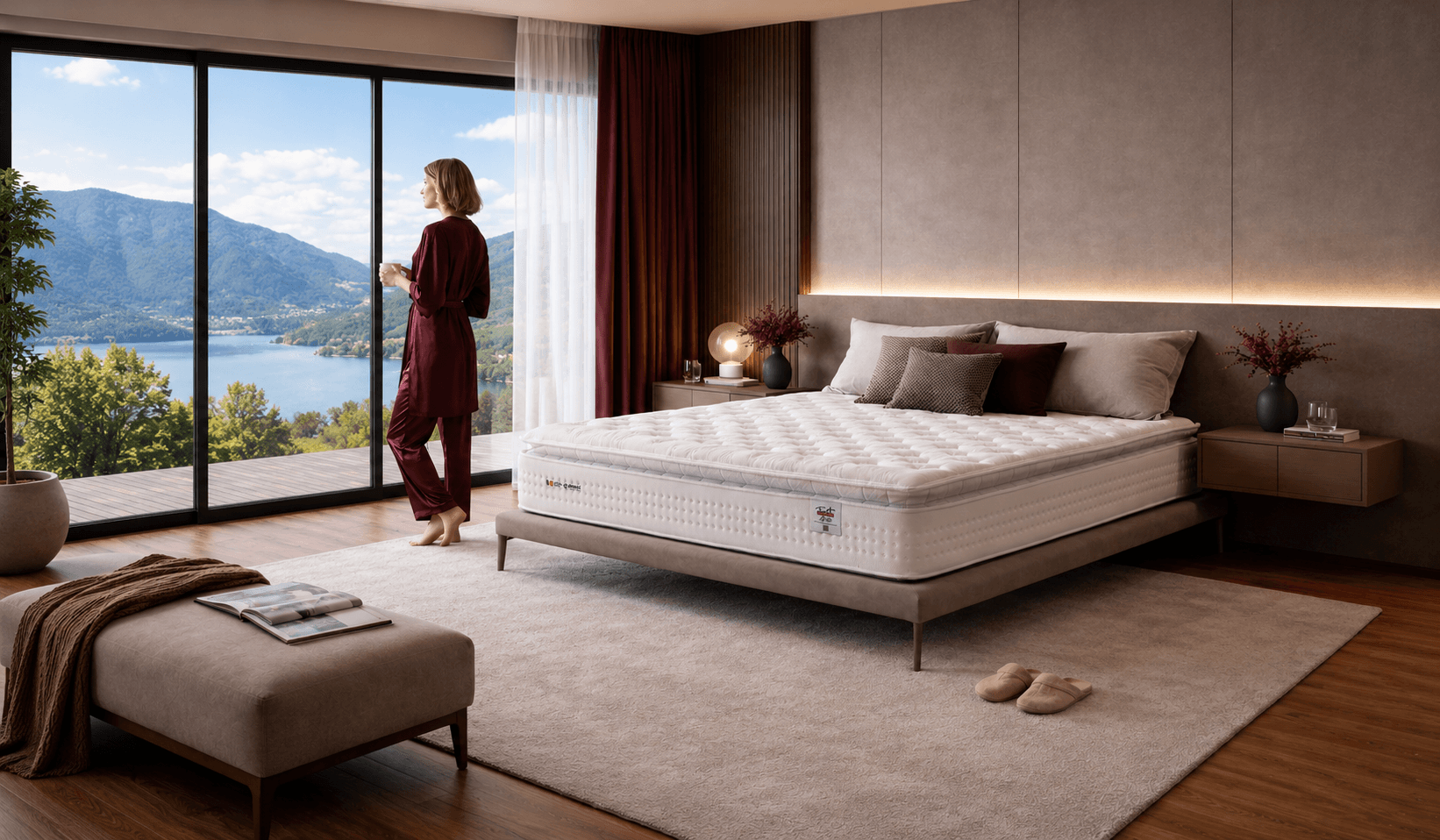 Quarto elegante com tons neutros, iluminação suave e cama confortável, ilustrando cores para quarto que ajudam dormir melhor