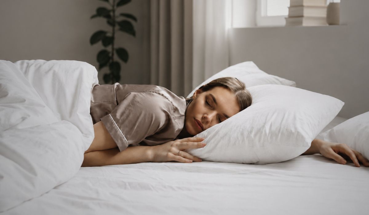 Mulher dormindo de lado em cama com roupa de cetim e travesseiro branco em ambiente claro e tranquilo