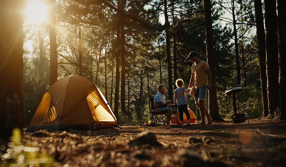 Família em acampamento na floresta com barraca montada, ilustrando o que levar para acampar com conforto e segurança
