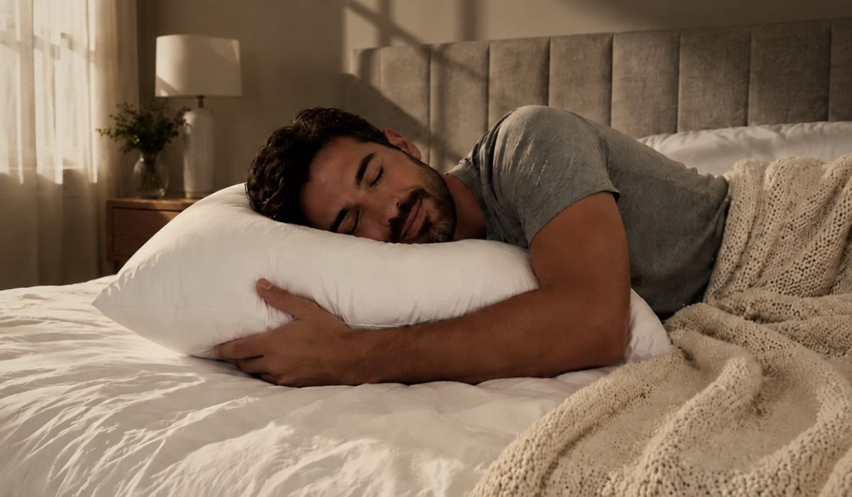 Homem dormindo confortavelmente abraçado a um travesseiro branco, em um quarto aconchegante e bem iluminado