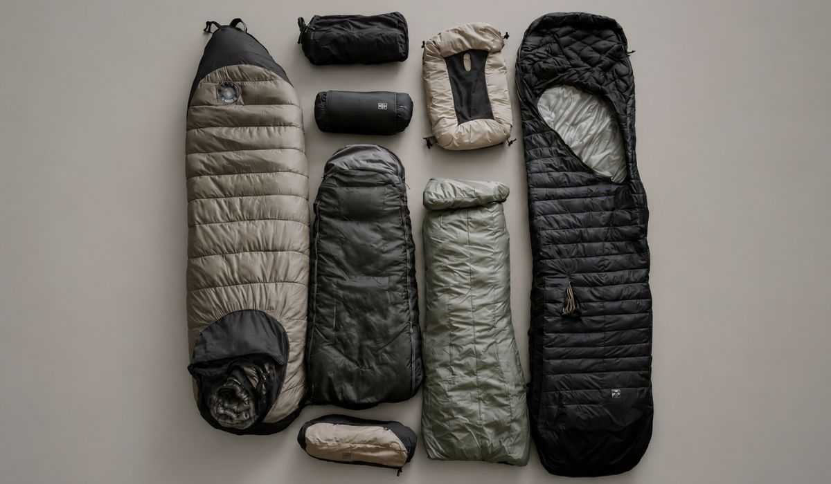 Diferentes modelos de saco de dormir organizados lado a lado, ilustrando como escolher saco de dormir para camping e aventuras ao ar livre