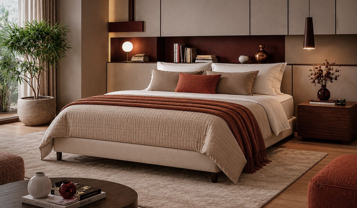 Quarto de casal decorado com cama aconchegante, tons terrosos, iluminação suave e planta, ilustrando ideias de decoração para quarto de casal