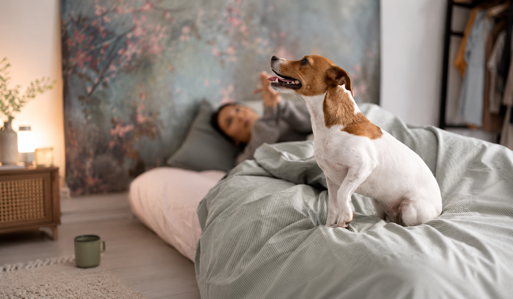 Cachorro sentado sobre a cama enquanto pessoa descansa ao fundo, ilustrando o tema dormir com cachorro no quarto faz mal