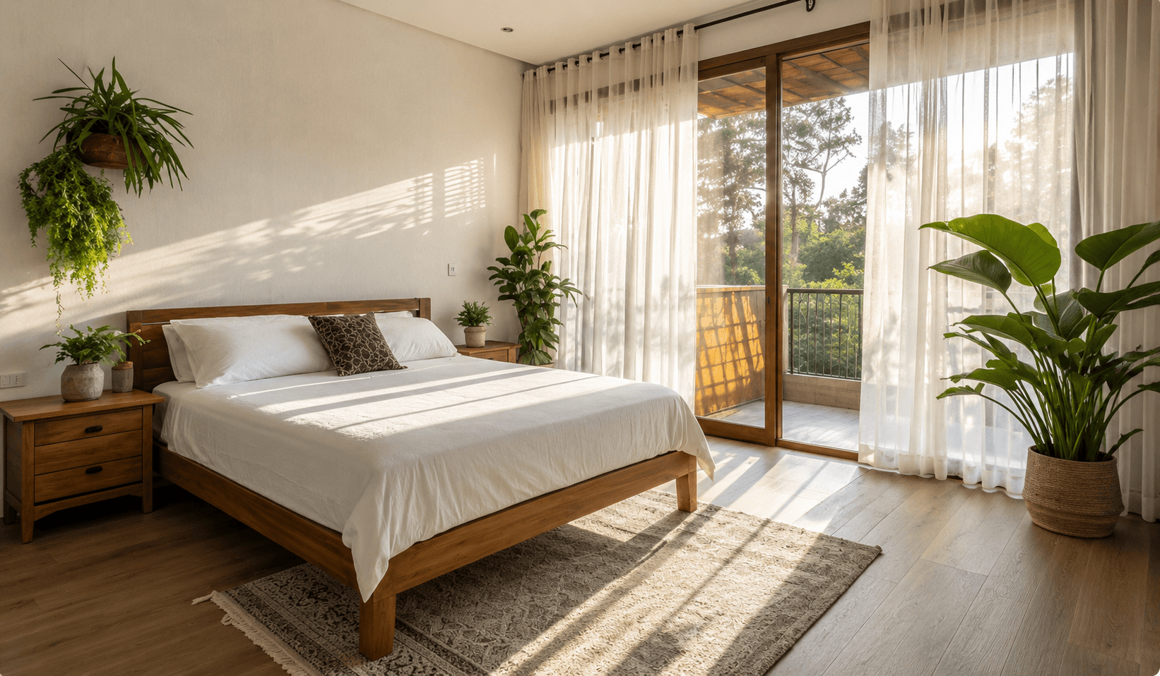 Quarto arejado e iluminado com plantas e ampla entrada de luz natural, ideal para ilustrar o tema como refrescar o quarto no calor
