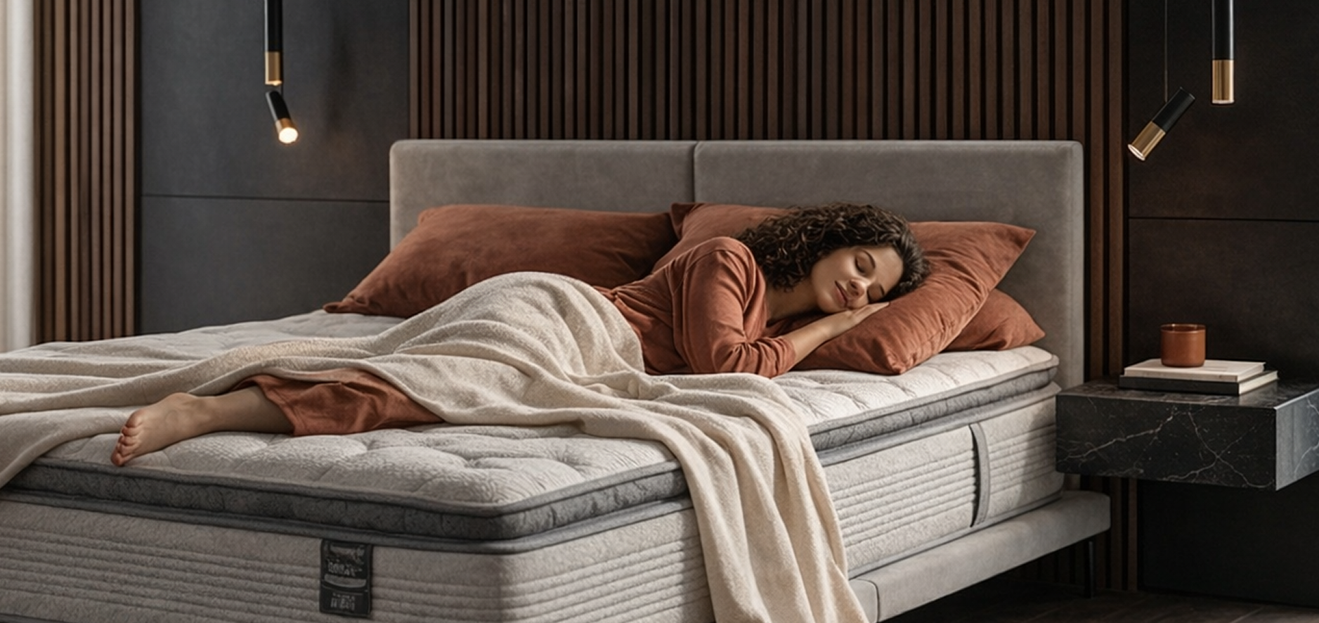Mulher dormindo em cama confortável estilo hotel com colchão alto, travesseiros macios e roupa de cama neutra em ambiente elegante