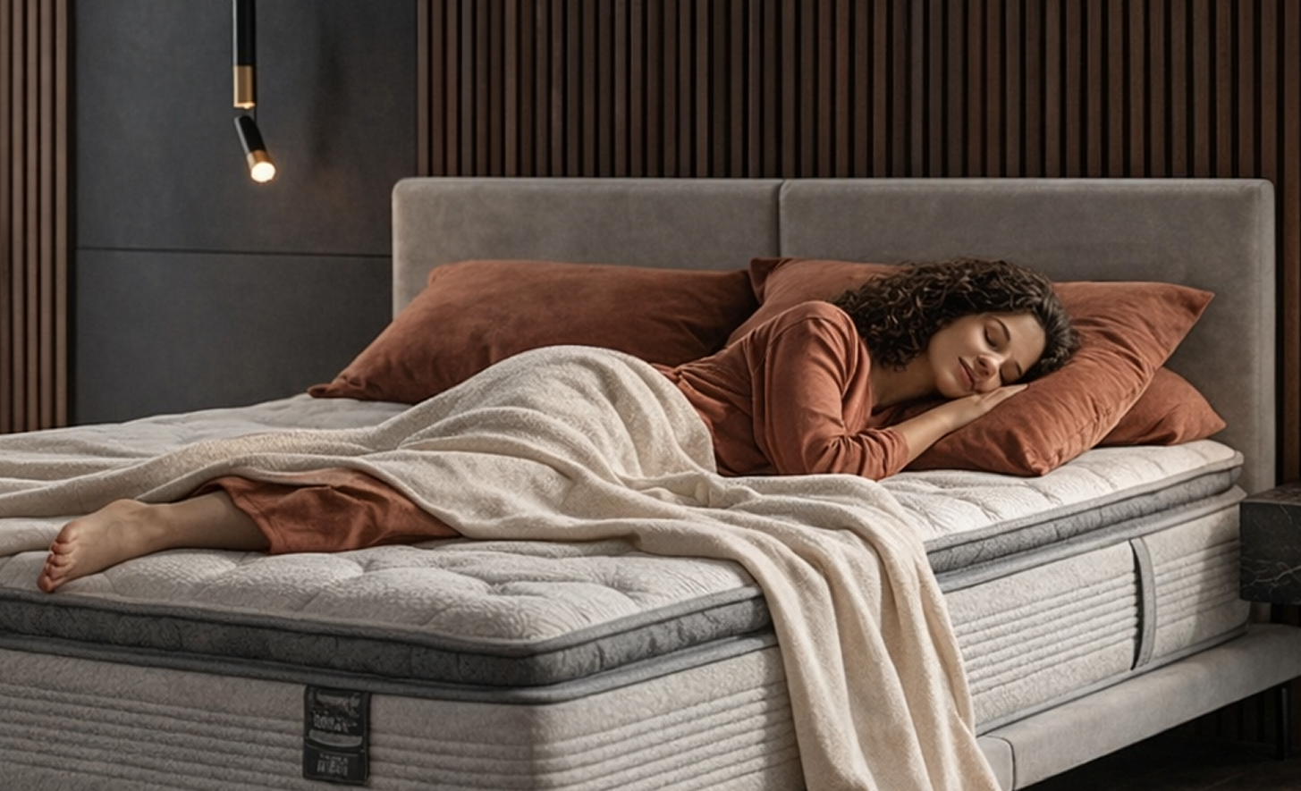 Mulher dormindo em cama confortável estilo hotel com colchão alto, travesseiros macios e roupa de cama neutra em ambiente elegante