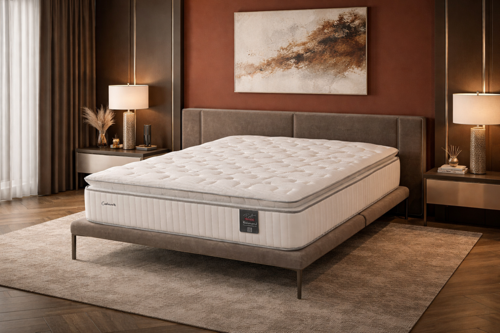 Colchão premium branco sobre base estofada em quarto elegante com decoração moderna e iluminação aconchegante