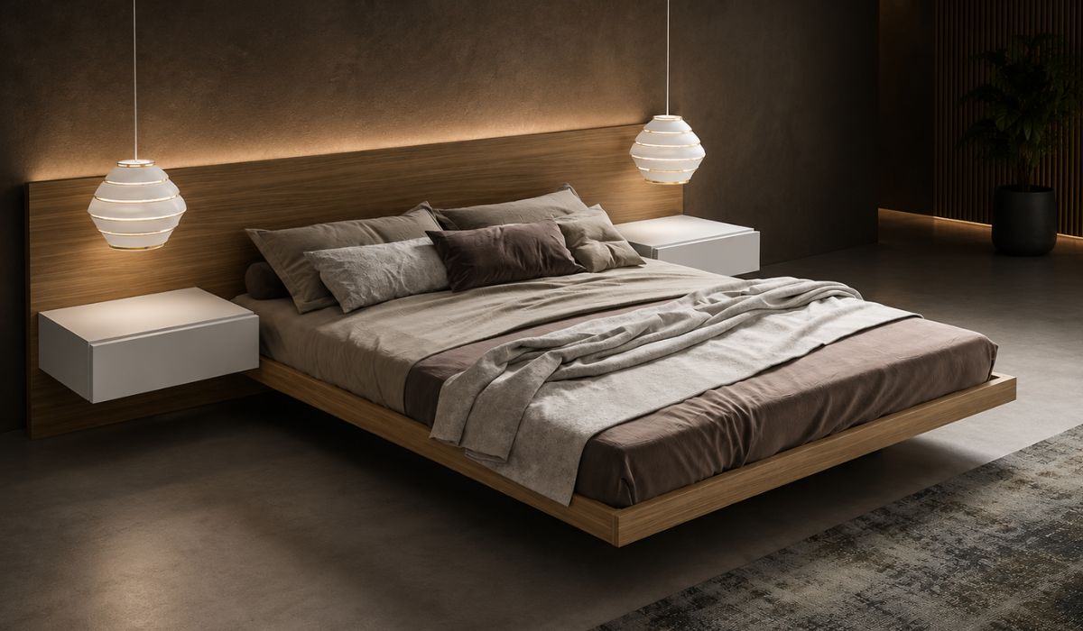 Quarto moderno com cama flutuante de madeira, iluminação suspensa e decoração minimalista, ilustrando como montar cama flutuante