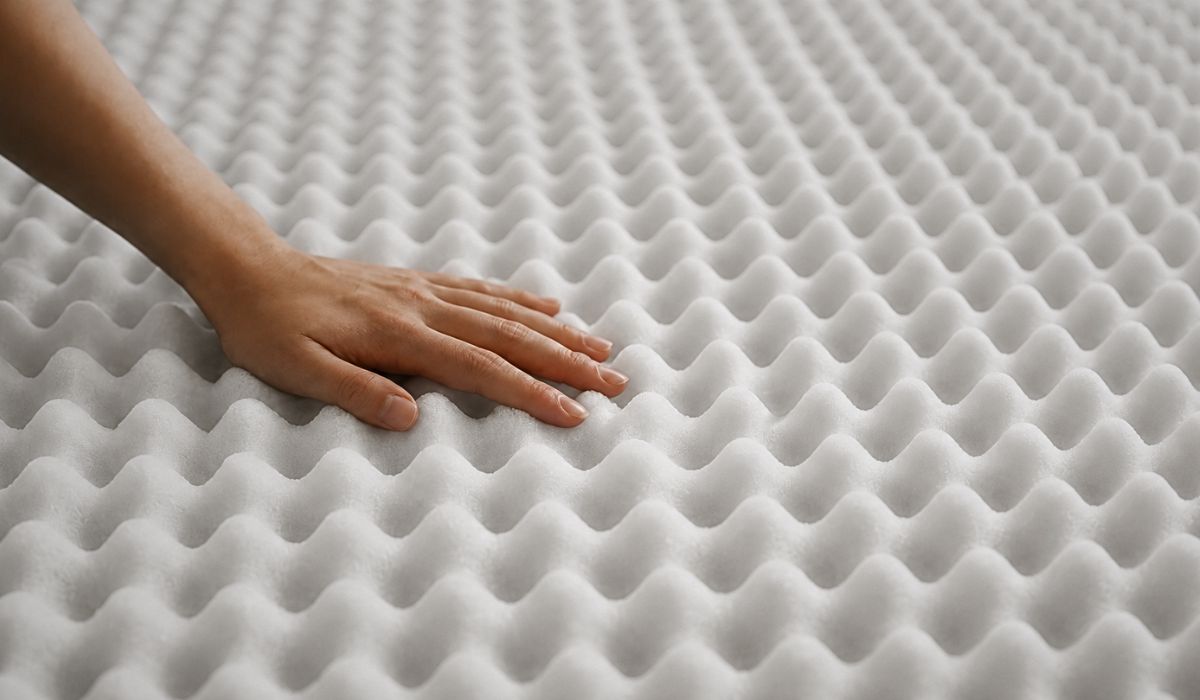 Mão tocando espuma com textura casca de ovo, ilustrando para que serve colchão casca de ovo e seus benefícios para conforto