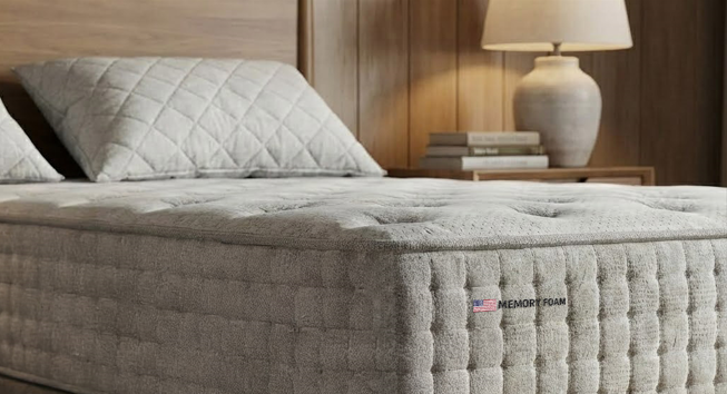 Colchão de mola com acabamento matelassado e pillow top sobre base estofada em quarto com decoração moderna e tons neutros.