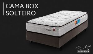 Cama box solteiro com colchão F.A. Colchões sobre base estofada, ilustrando tipos de cama box e suas diferenças