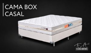 Cama box casal com colchão F.A. Colchões sobre base clara, ilustrando tipos de cama box e suas diferenças para quartos de casal