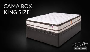 Cama box king size F.A. Colchões com base bipartida escura e colchão branco, ilustrando tipos de cama box e suas diferenças