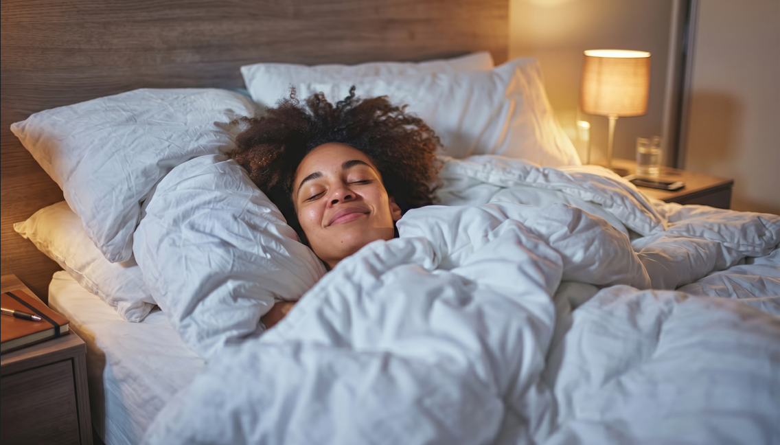Mulher relaxando na cama com expressão tranquila, ilustrando o uso de musica para dormir e relaxar antes do sono