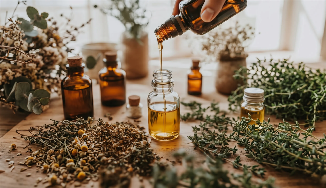 Óleo natural sendo colocado em frasco com ervas ao redor, ilustrando calmantes naturais ansiedade insonia e rotina de relaxamento