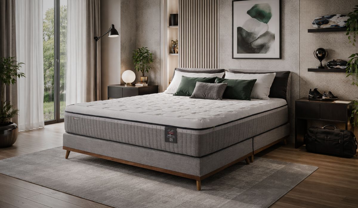 Colchão Max Recovery F.A. Colchões em quarto moderno, destacando conforto, suporte e tecnologia para noites de sono mais reparadoras