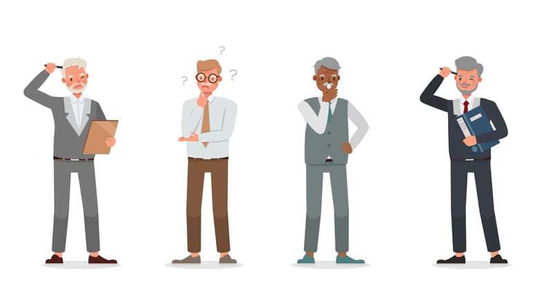 ilustração digital de cinco idosos em pé pensando