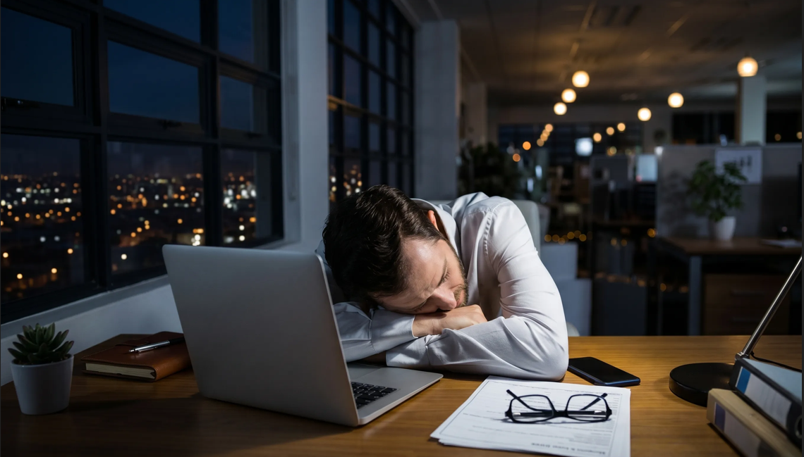 Homem com sono dormindo sobre a mesa de trabalho à noite, ilustrando dicas de como perder o sono e manter a disposição