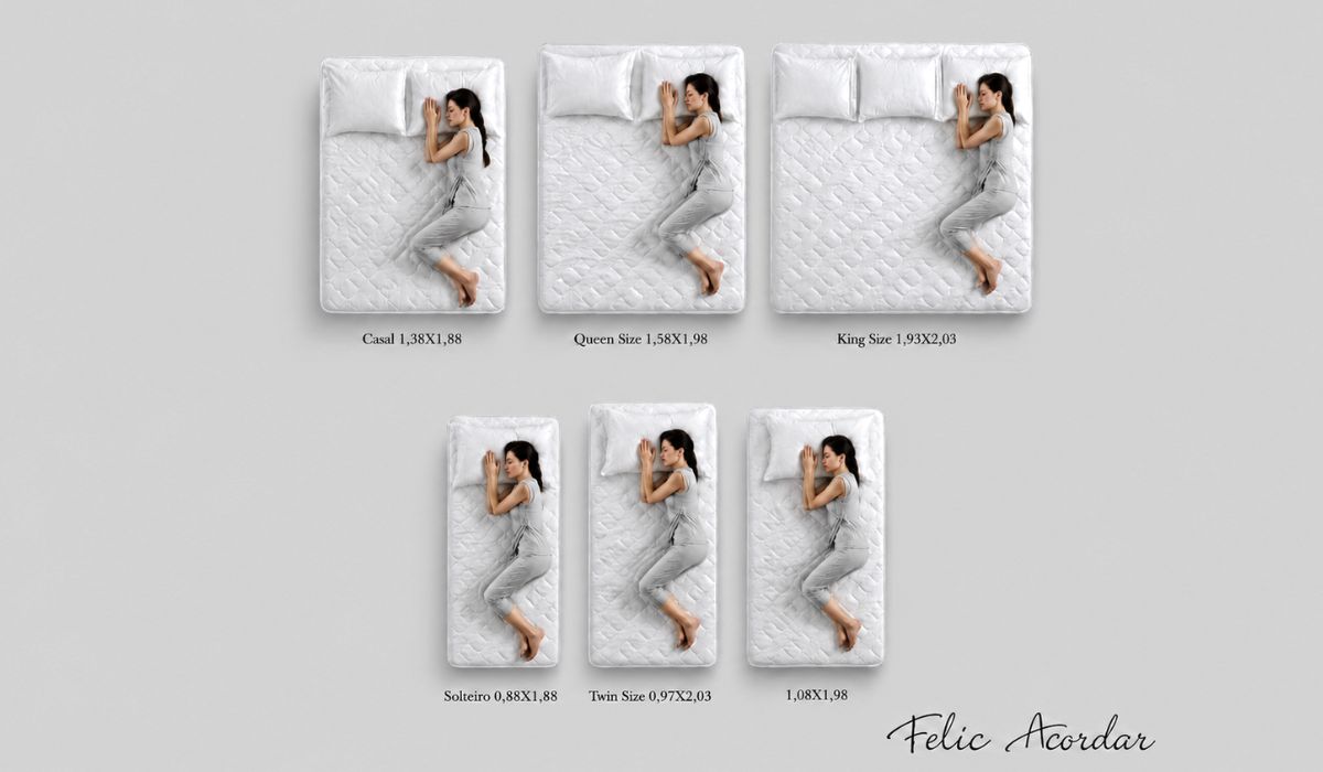 Comparativo visual com diferentes medidas de cama, incluindo solteiro, casal, queen size, king size e twin size.