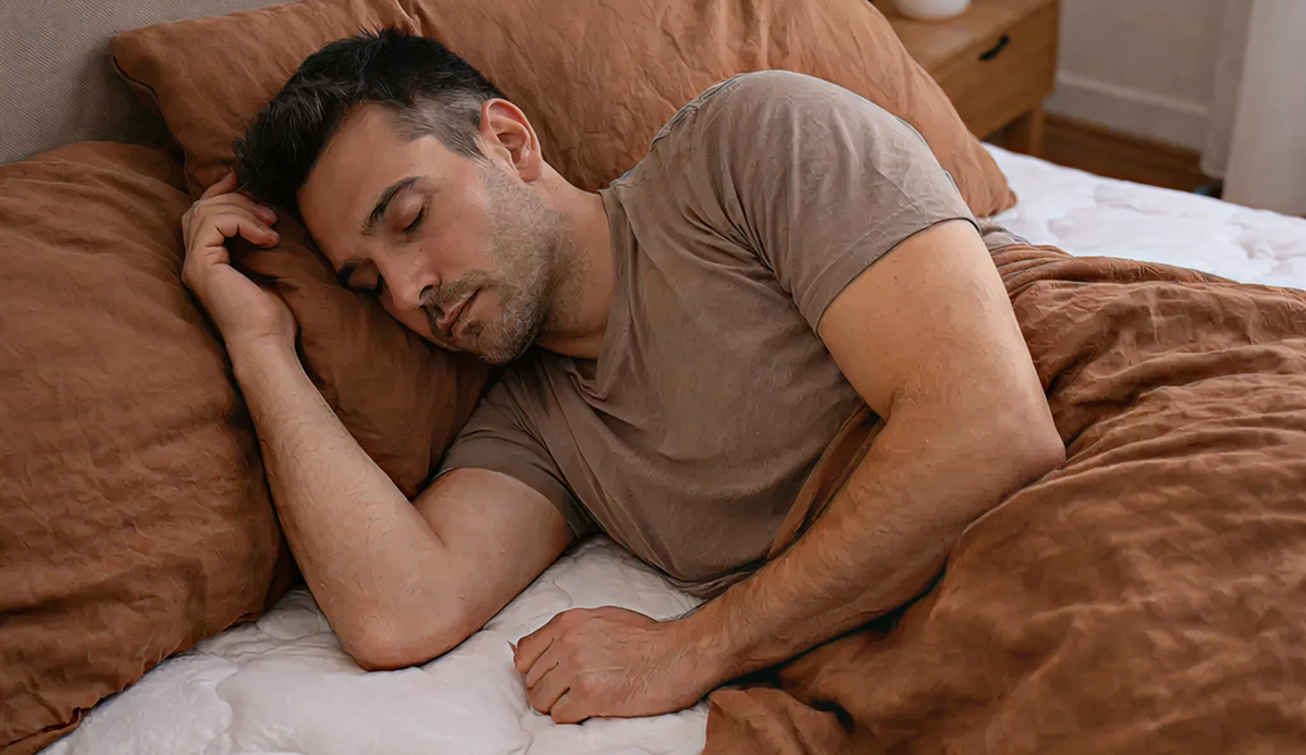 Homem dormindo de lado em uma cama confortável, ilustrando a melhor posição para dormir e manter o corpo bem apoiado