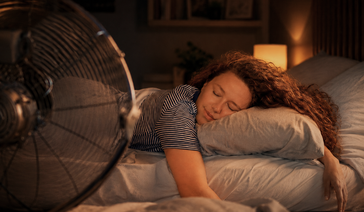 Mulher dormindo com ventilador ligado no quarto, ilustrando se dormir com ventilador faz mal e como usar com conforto