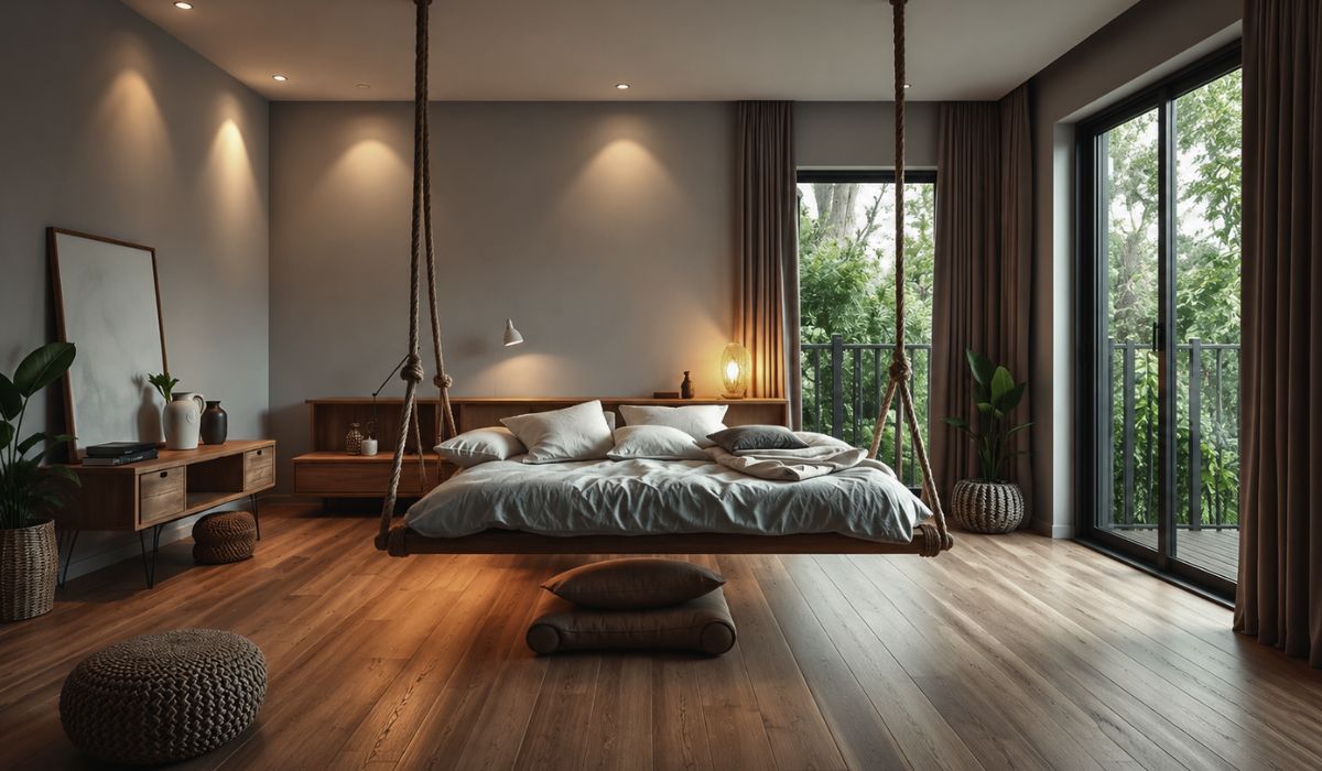 Quarto moderno com cama suspensa presa por cordas, ilustrando modelos de camas suspensas, preço e ideias para decoração.