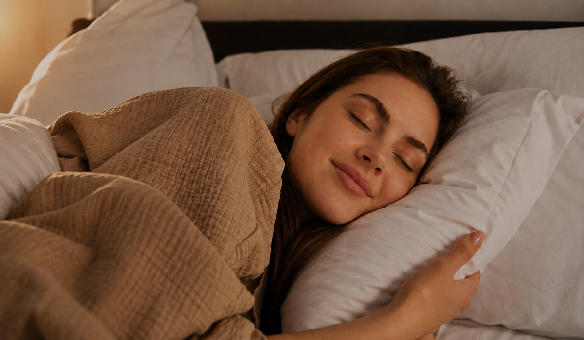 Mulher dormindo tranquilamente em cama confortável, ilustrando os beneficios dormir bem para o descanso e o bem-estar