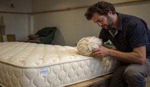 Homem analisando materiais naturais sobre um colchão, ilustrando o futuro sustentável dos colchões e práticas de produção mais conscientes.