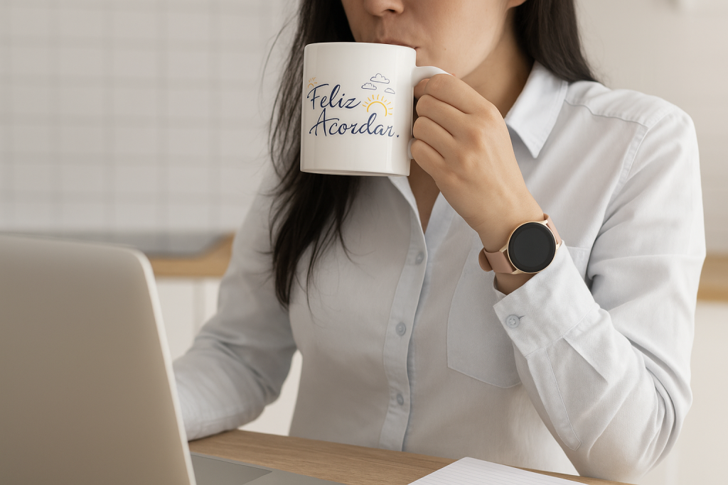 Mulher de camisa branca segurando caneca com a frase Feliz Acordar, trabalhando no notebook enquanto toma café da manhã.