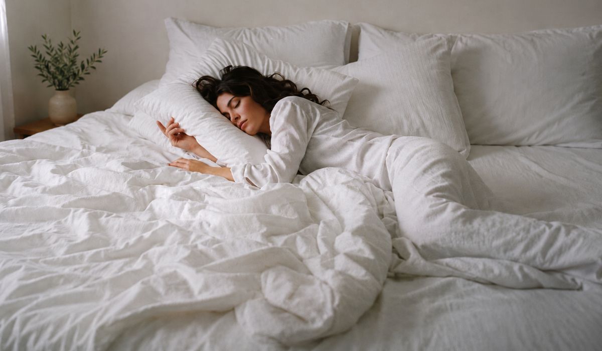 Mulher dormindo em cama confortável com roupas de cama brancas, ilustrando mitos e verdades sobre o sono e hábitos para descansar melhor.