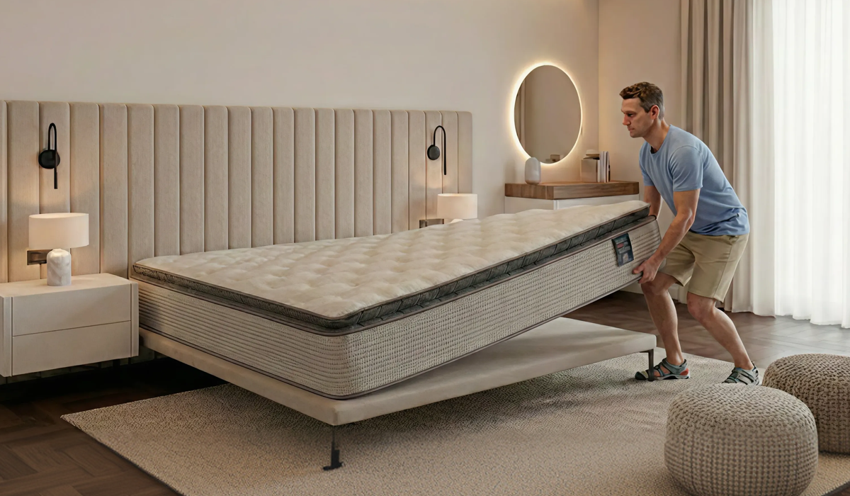Homem girando colchão em quarto organizado, ilustrando quando fazer o giro do colchão para conservar melhor o produto