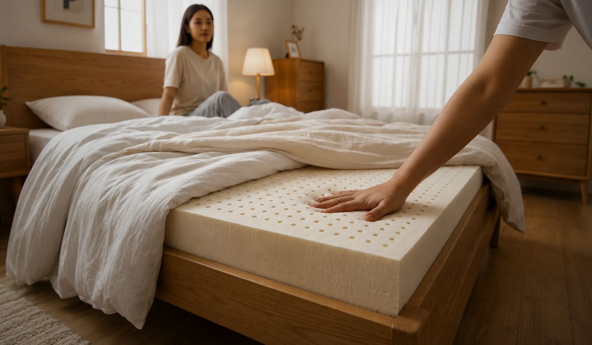 Pessoa pressionando um colchão de látex sobre a cama, mostrando conforto, elasticidade e apoio no momento de escolher o modelo ideal.