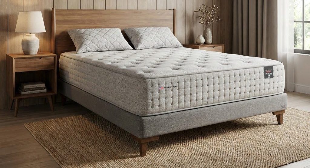 Colchão de alto conforto em quarto elegante, com design sofisticado, base estofada e superfície acolchoada que proporciona adaptação ao corpo e suporte durante o sono