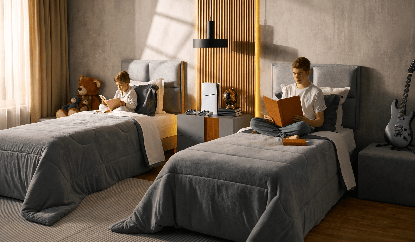 Crianças sentadas em camas individuais lendo livros em quarto moderno, com colchões confortáveis e ambiente bem iluminado.