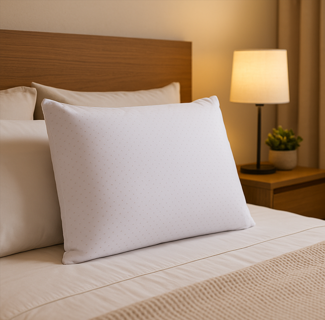 Travesseiro branco em cama organizada, oferecendo suporte confortável para a cabeça e a região cervical durante o sono.