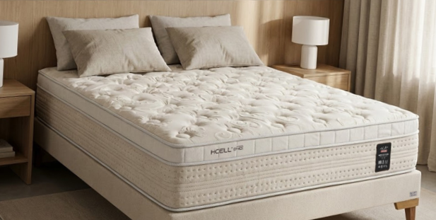 Colchão Eco Cotton de alta densidade com tampo matelassado, acabamento premium e base box em quarto moderno