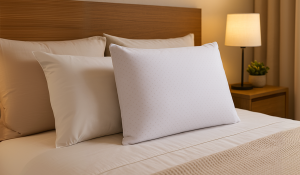 Travesseiro branco sobre cama arrumada em quarto aconchegante, representando conforto, suporte e qualidade dos travesseiros de látex