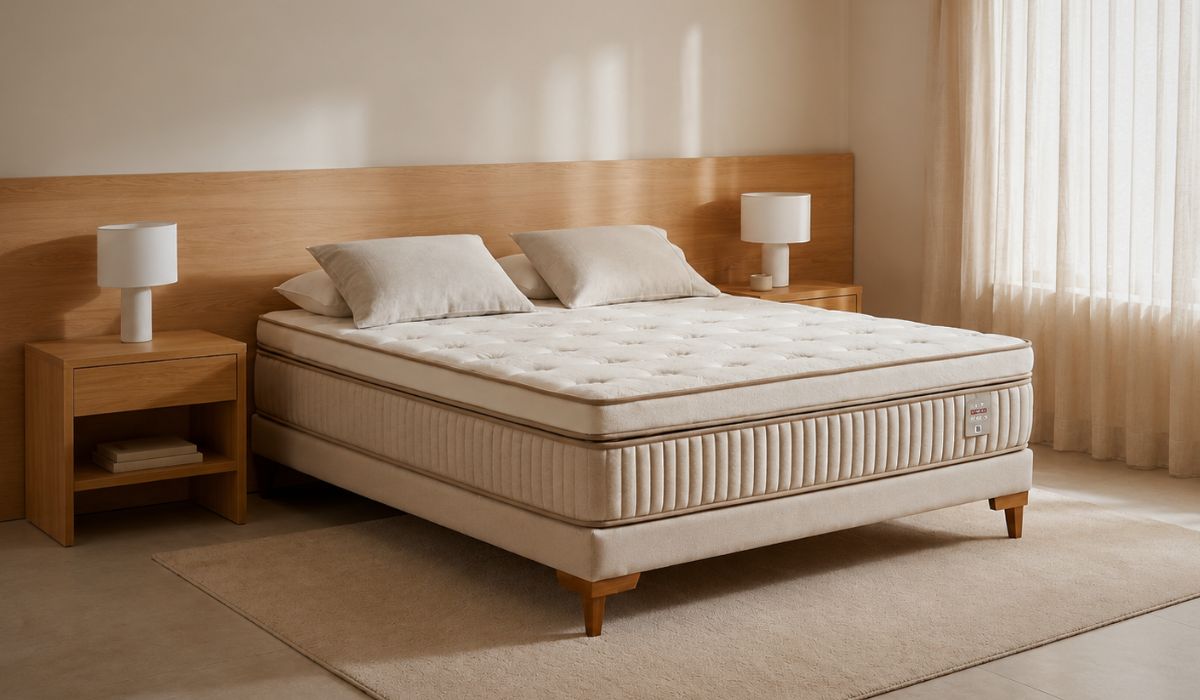 Quarto aconchegante com colchão massageador em destaque sobre base estofada, acompanhado de travesseiros e mesa de cabeceira em madeira.