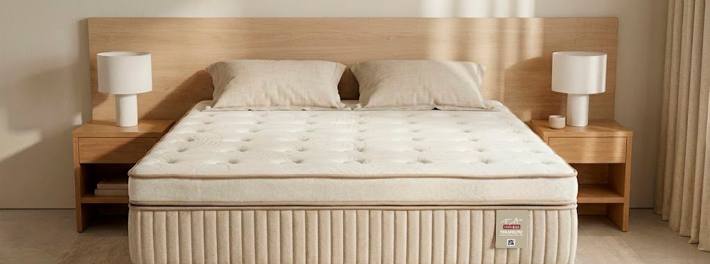 Colchão terapeutic F.A. Colchões em quarto minimalista, com design sofisticado, conforto avançado e foco em qualidade do sono.