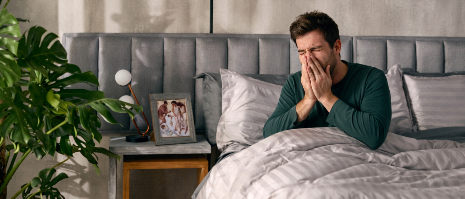 Homem sentado na cama espirrando ao acordar, ilustrando sintomas de alergia respiratória que podem estar relacionados à presença de ácaros no ambiente de sono.