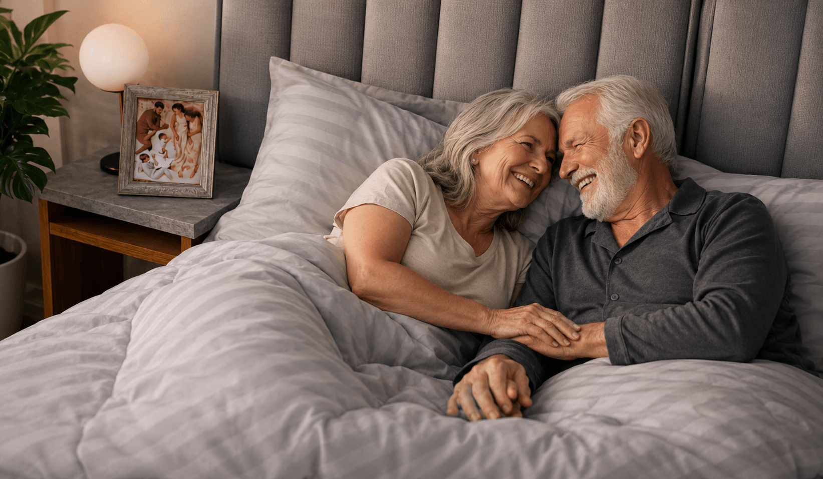 Casal de idosos sorrindo e deitado confortavelmente na cama, representando bem-estar e conforto com colchão para idosos